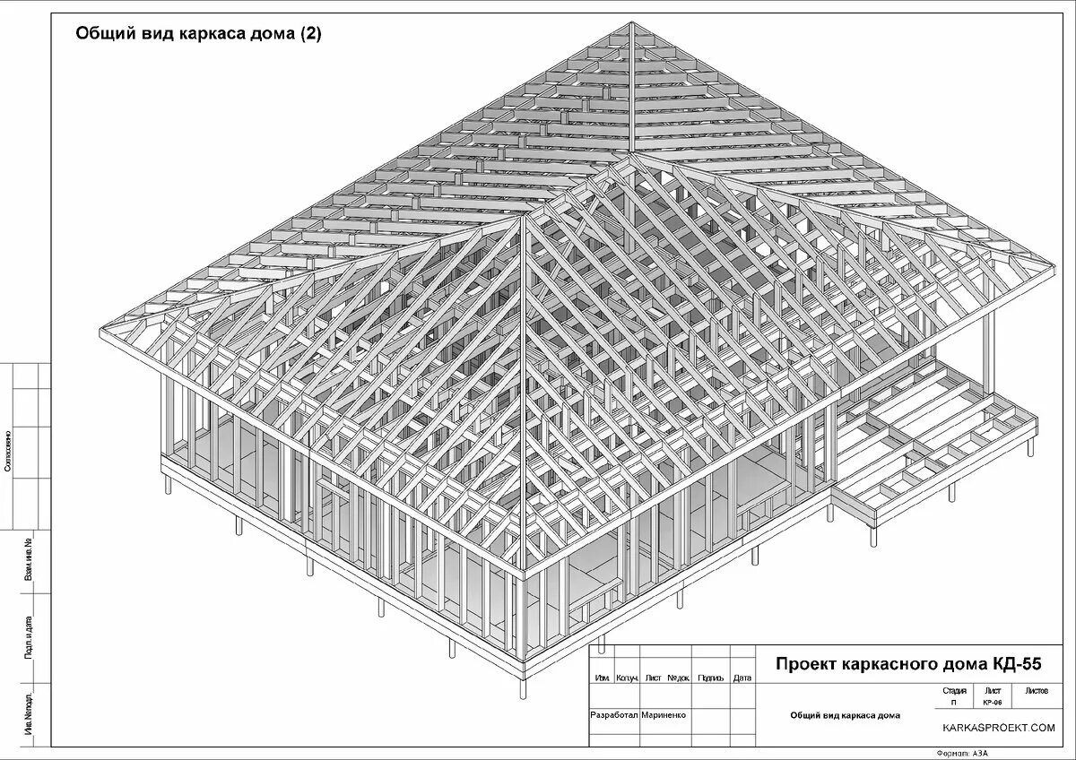 Полный проект каркасного дома с чертежами Классический каркасный дом с 3 спальнями. Чертежи для сборки. KARKASPROEKT - про