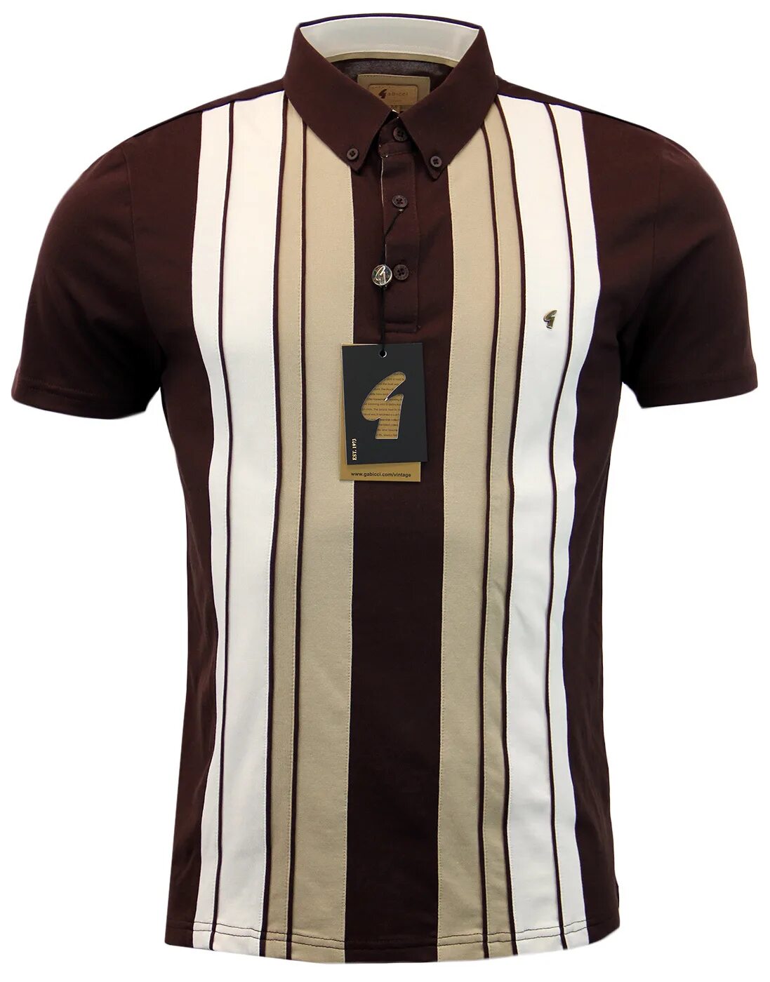 Поло в стиле old money мужское GABICCI VINTAGE 1960s Mod Mens Stripe Front Panel Polo in Coffee