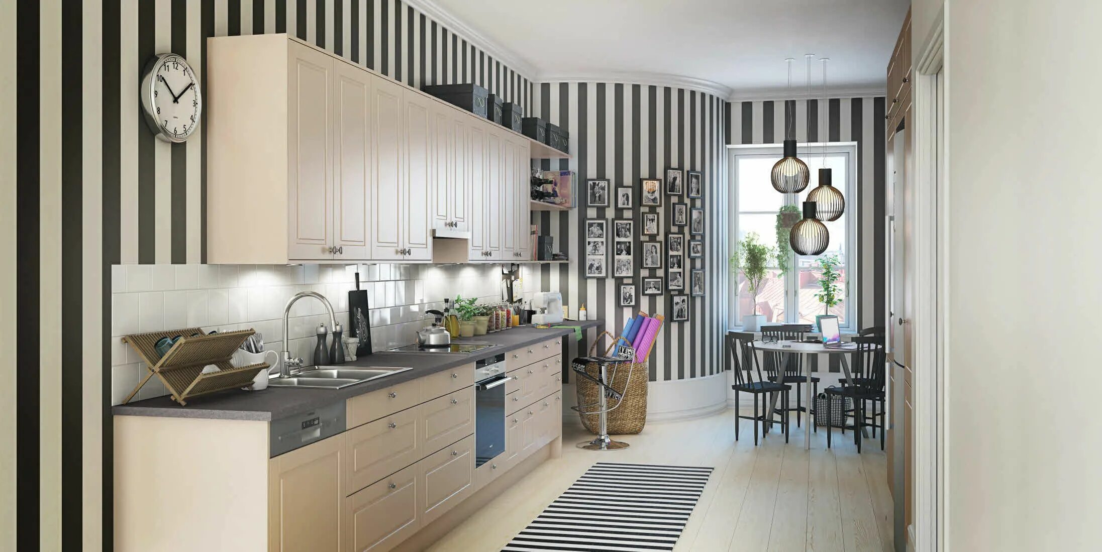 Полосатые обои на кухне фото в интерьере Inka - Petra keittiöt - Keittiomaailma.fi Scandinavian kitchen design, Kitchen c