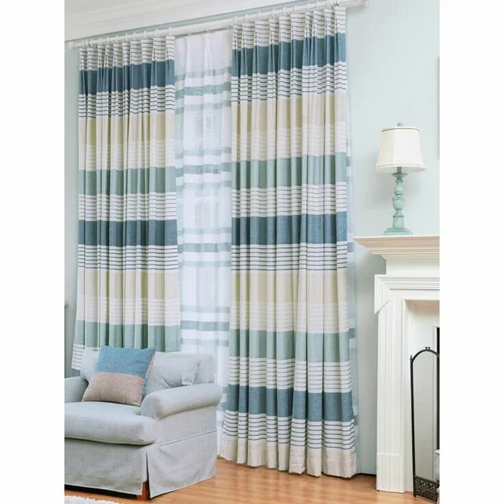 Полосатые шторы в интерьере Blue Horizontal Striped Print Chenille Pinch Pleated Modern Curtains for Bedroom