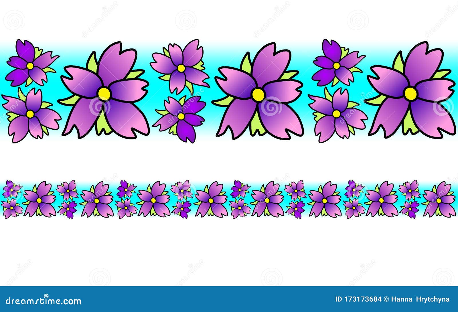 Полоска цветов фото Seamless Border of Purple Flowers on a Light Blue Background. Spring Bright Divi