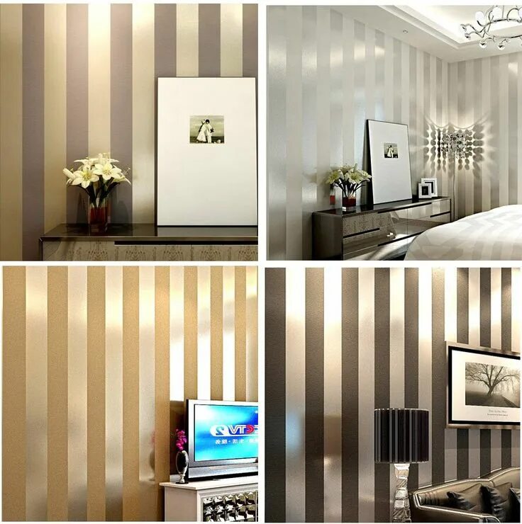 Полоска в интерьере фото Non tessuto nero bianco argento oro glitter strisce wallpaper rotolo papel de pa