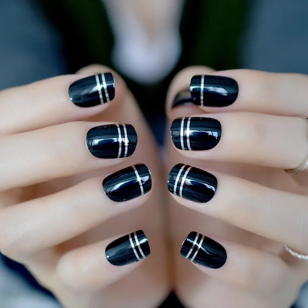 Полоски на ногтях дизайн фото Classic Black French False Nail Tips For Finger Full Cover Short With Silver Lin