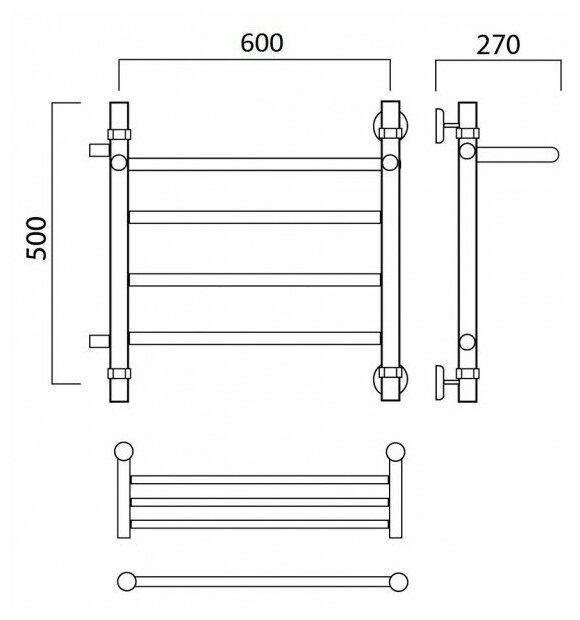 Полотенцесушитель с нижним боковым подключением Водяной полотенцесушитель Роснерж Прямая L107101 70x60 с полкой и боковым подклю