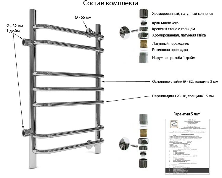 Полотенцесушитель водяной 1 дюйм боковое подключение Полотенцесушитель с боковым подключением QT 32х40х70