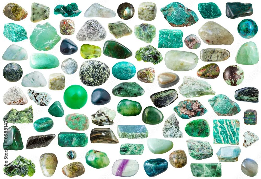 Полудрагоценные камни зеленого цвета фото и название set of green stones, crystals and gemstones Stock-Foto Adobe Stock