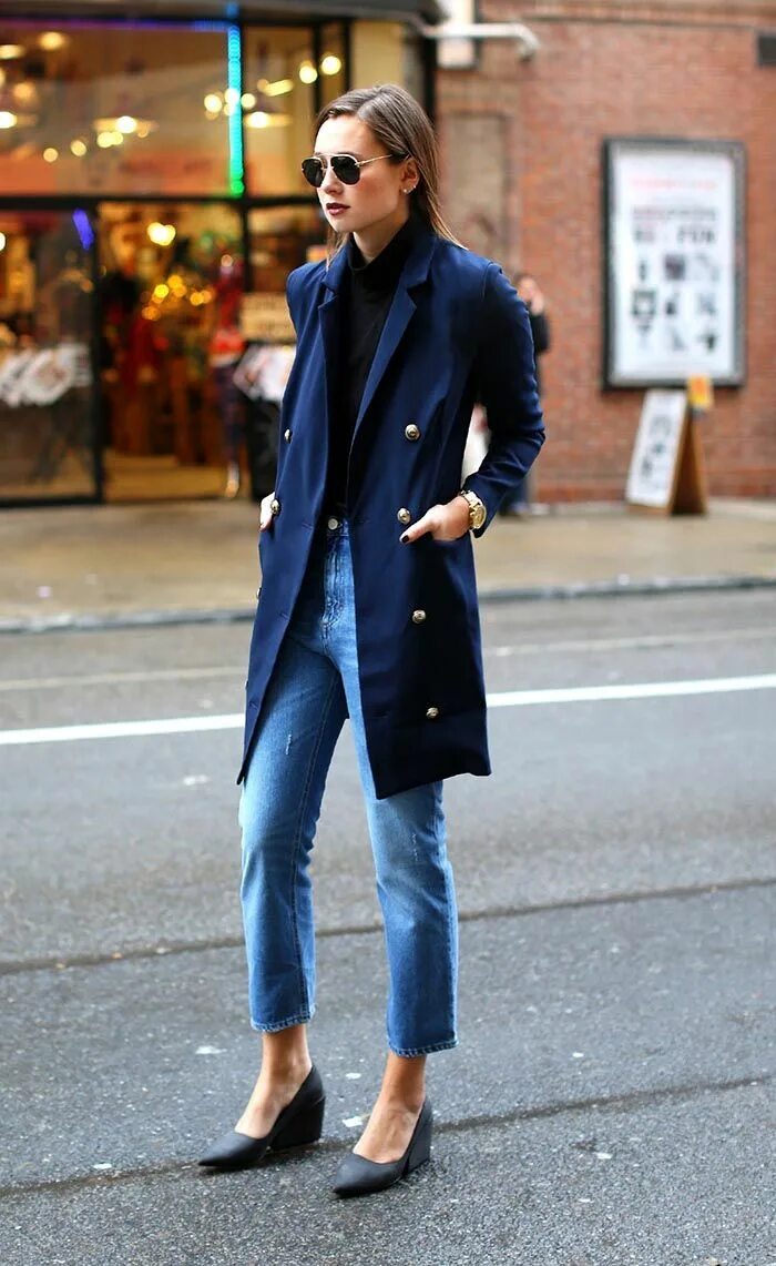 Полупальто с джинсами фото navy coat black jeans Purchase - 53