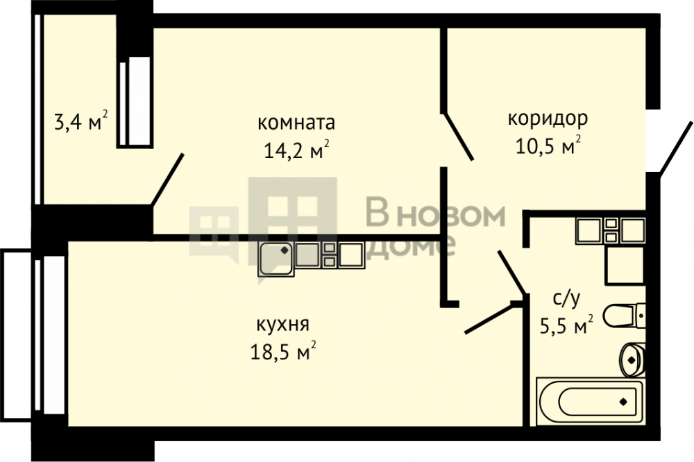 Полуторка квартира планировка 1-комнатная на 15 этаже, пл. 50.40, № 119 - ЖК "ГРАНД" В новом доме Вновомдоме В