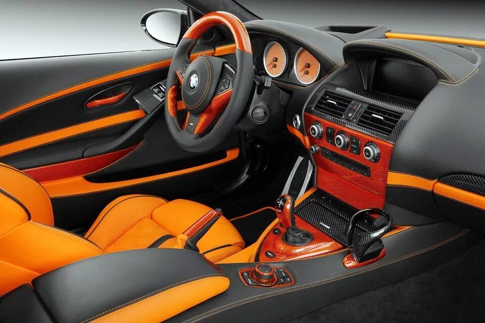 Понятие тюнинга салона автомобиля BMW M6 E63 by TopCar has a lot of carbon fiber Bmw m6, Bmw, Orange interior