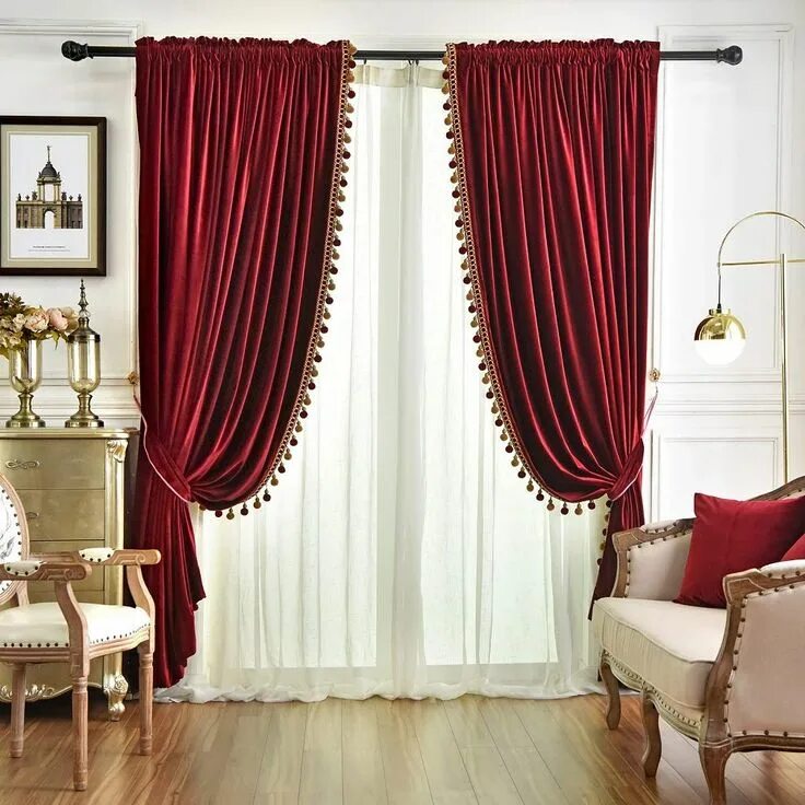 Портьеры шторы в интерьере QSH Queen’s House Luxury Burgundy Window Curtains Pom Pom Velvet Blackout Drapes