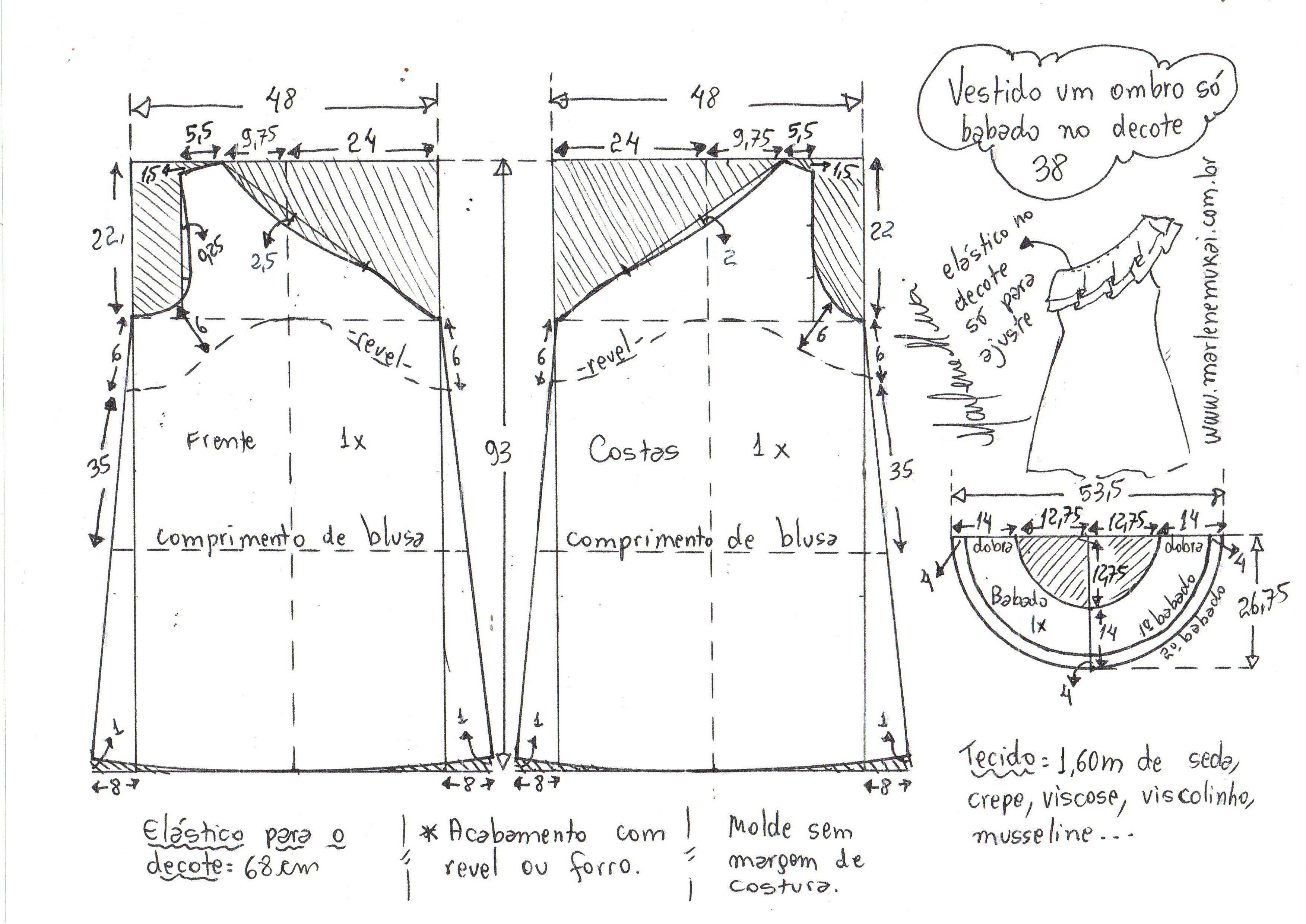 Портной ру бесплатные выкройки Vestido trapézio ou blusa de um ombro só com babado no decote - Marlene Mukai Вы