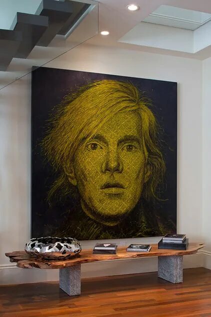 Портрет на стене в интерьере Andy Warhol self portrait - overworked cross-hatched sketch on a dynamic yellow 