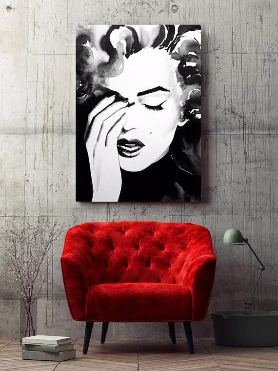 Портрет на стене в интерьере Old Hollywood 1950s Icon Art Print Watercolor Painting Black and White Retro Sal