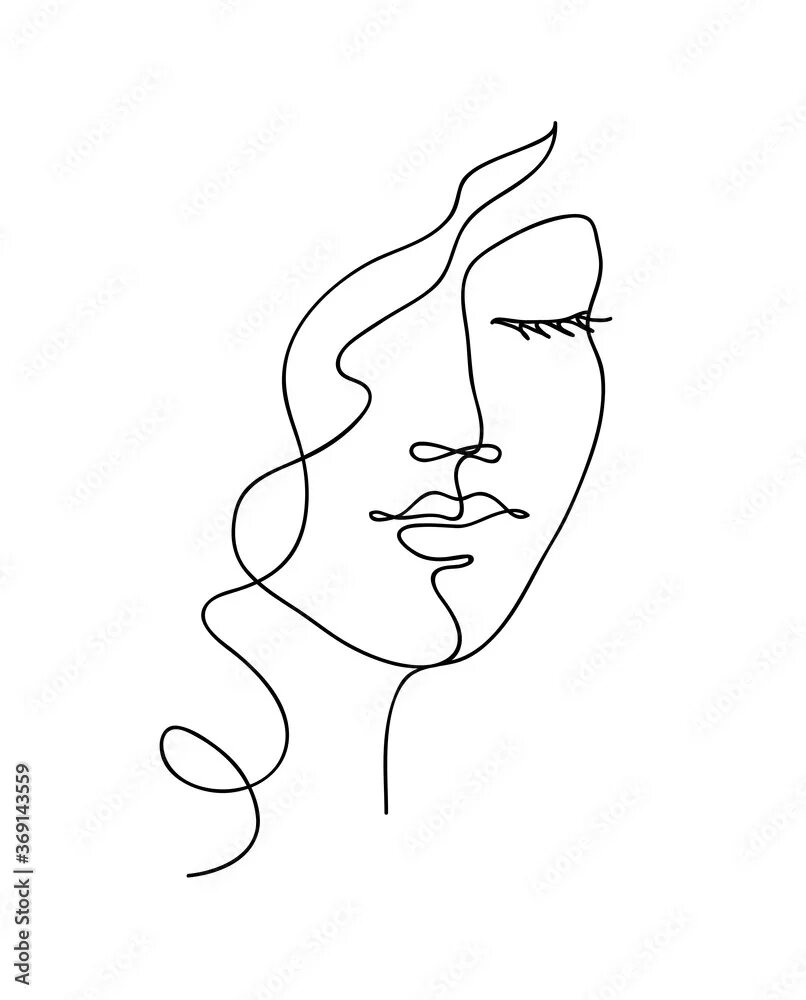 Портрет одной линией по фото Abstract woman face with wavy hair. Black and white hand drawn line art. Outline