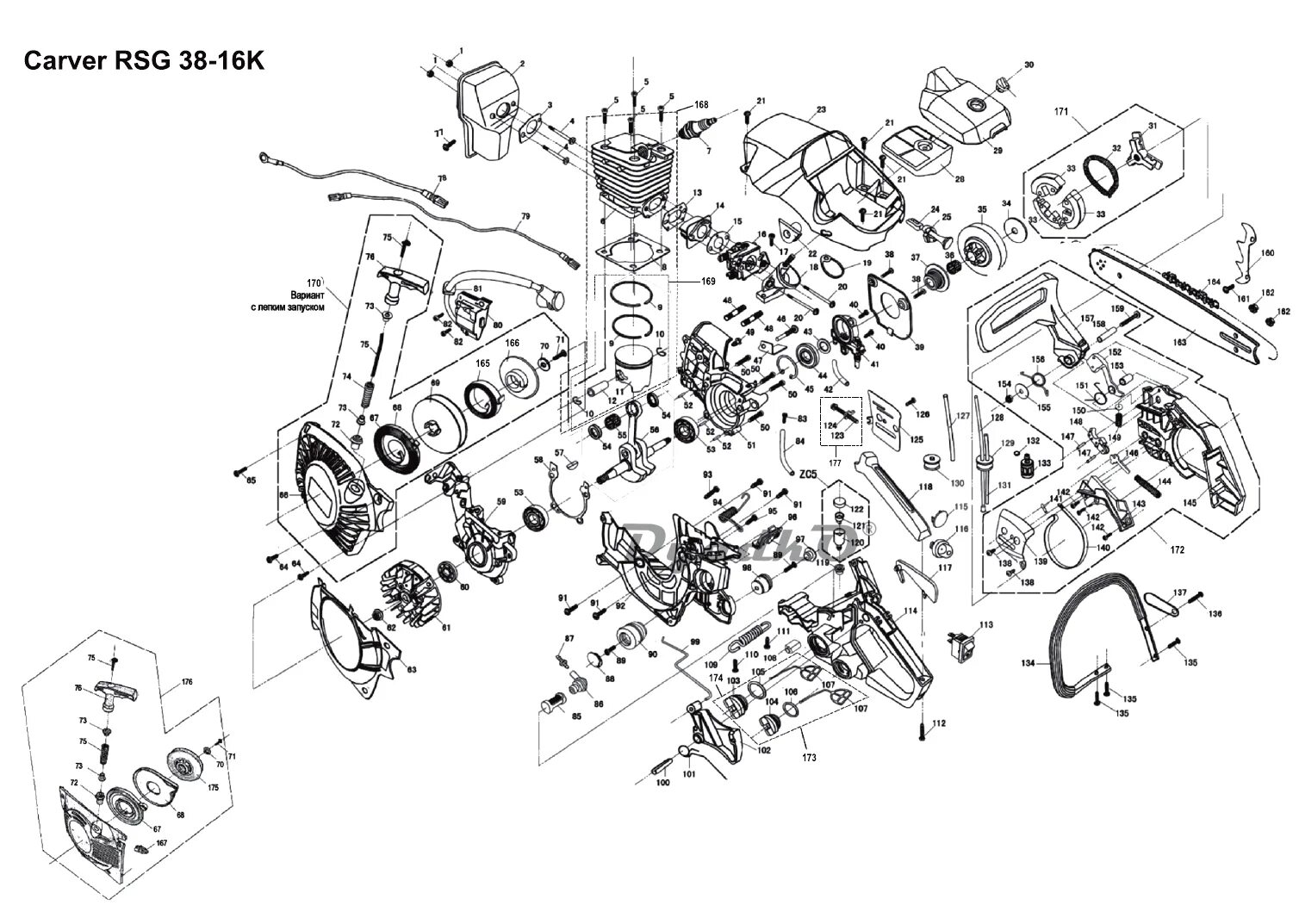 Порядок сборки бензопилы Схема (деталировка) пилы цепные бензиновые CARVER RSG 38-16K. Подбор по модели, 