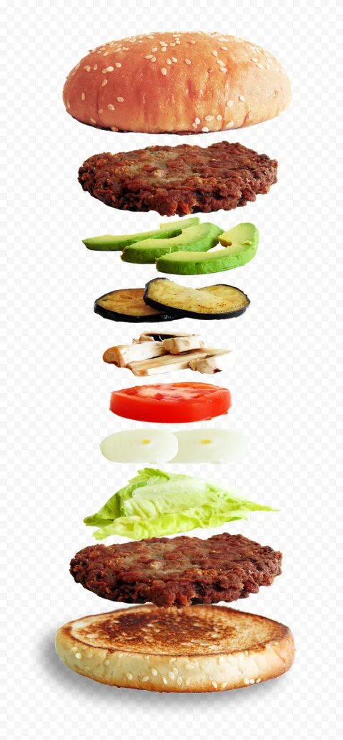 Порядок сборки бургера с котлетой HD Meat Vegetable Veggie Veg Burger Floating Ingredients PNG Image Burger, Food 