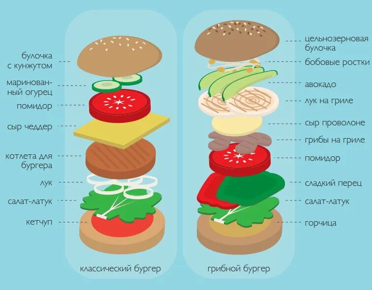 Порядок сборки гамбургера Схема сборки бургера