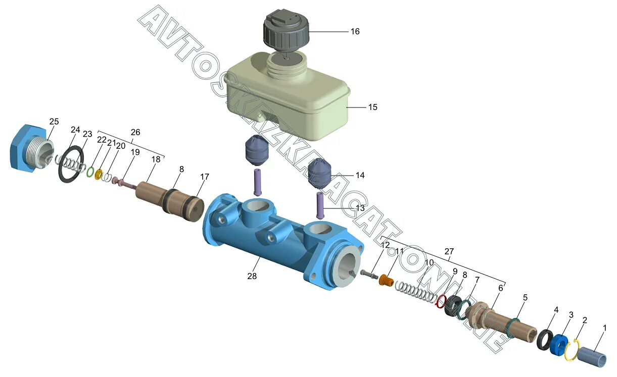 Порядок сборки главного тормозного цилиндра Детали главного цилиндра тормозов, датчик аварийного уровня тормозной жидкости (