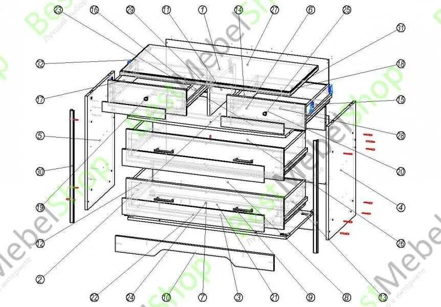 Схема сборки комода 5 ящиков - mebelotradnaya.ru