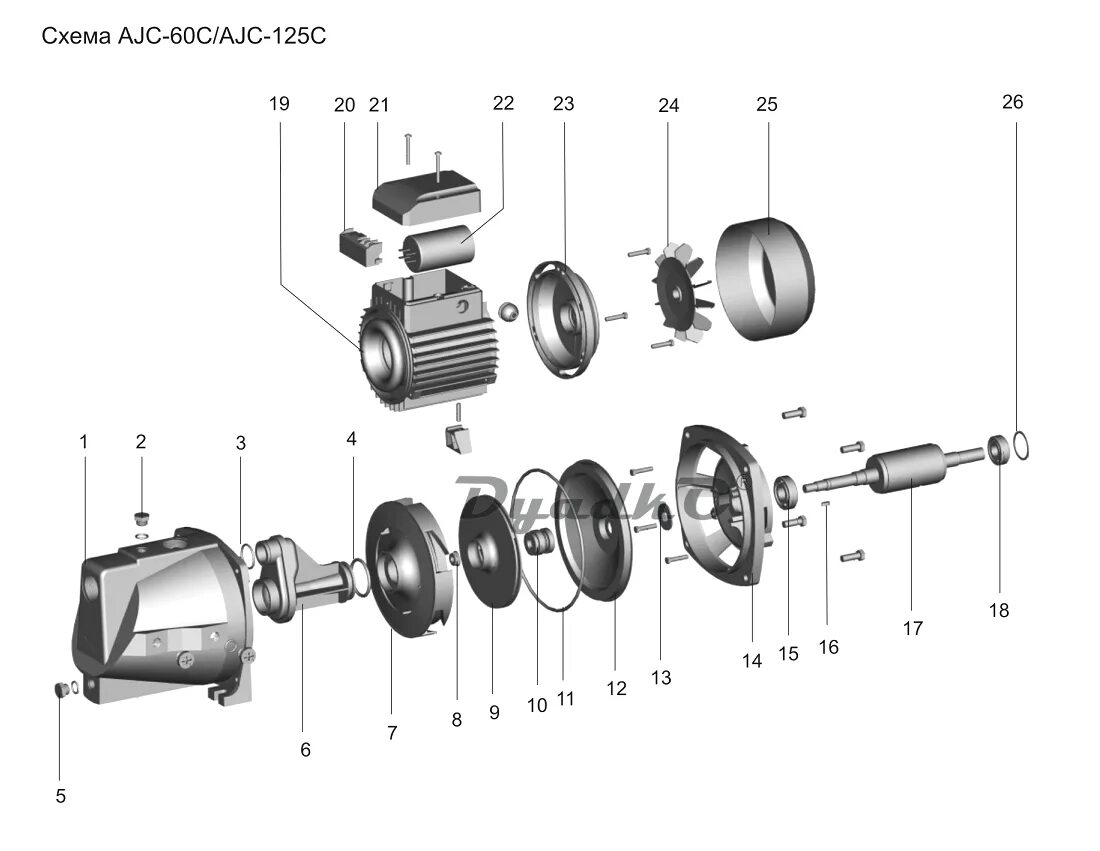 Порядок сборки насоса Схема (деталировка) поверхностные насосы AQUARIO AJC-60C. Подбор по модели, низк