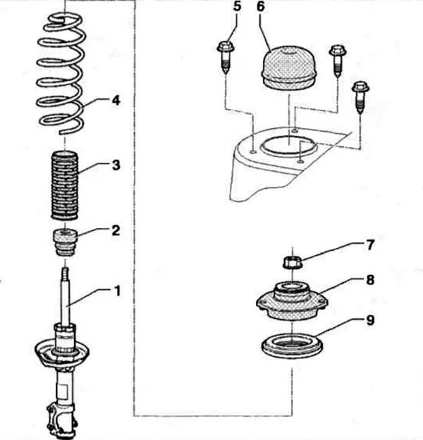 Порядок сборки передней стойки поло седан Volkswagen Polo 1995-2003: Shock absorber strut (Chassis / Front suspension) VWm