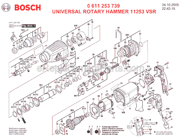 Порядок сборки перфоратора Bosch 11253VSR 1" SDS-plus Bulldog Xtreme Rotary Hammer OEM Replacement Parts Fr