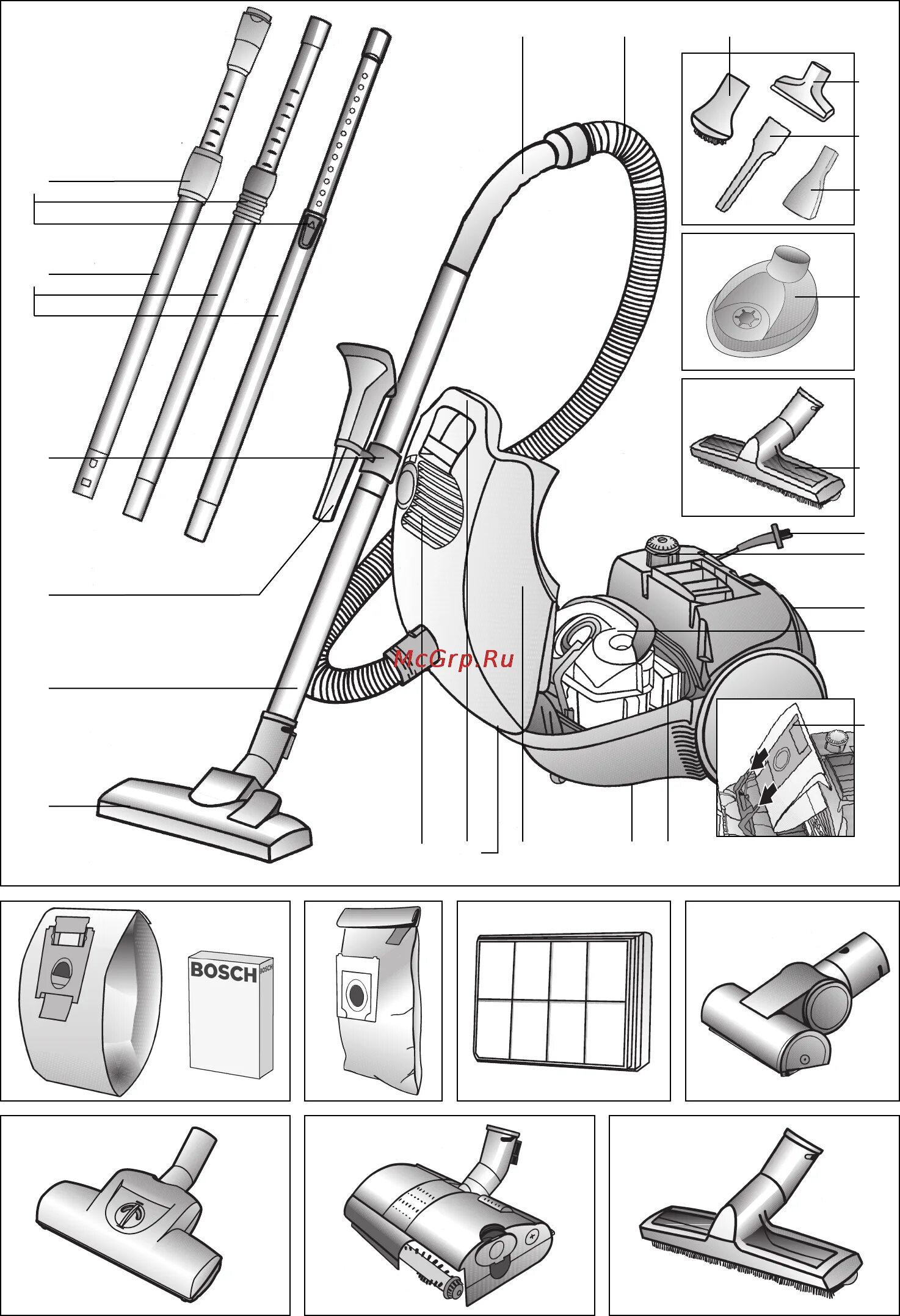 Порядок сборки пылесоса Bosch BSA 2882 Инструкция по эксплуатации онлайн 2/16 6559