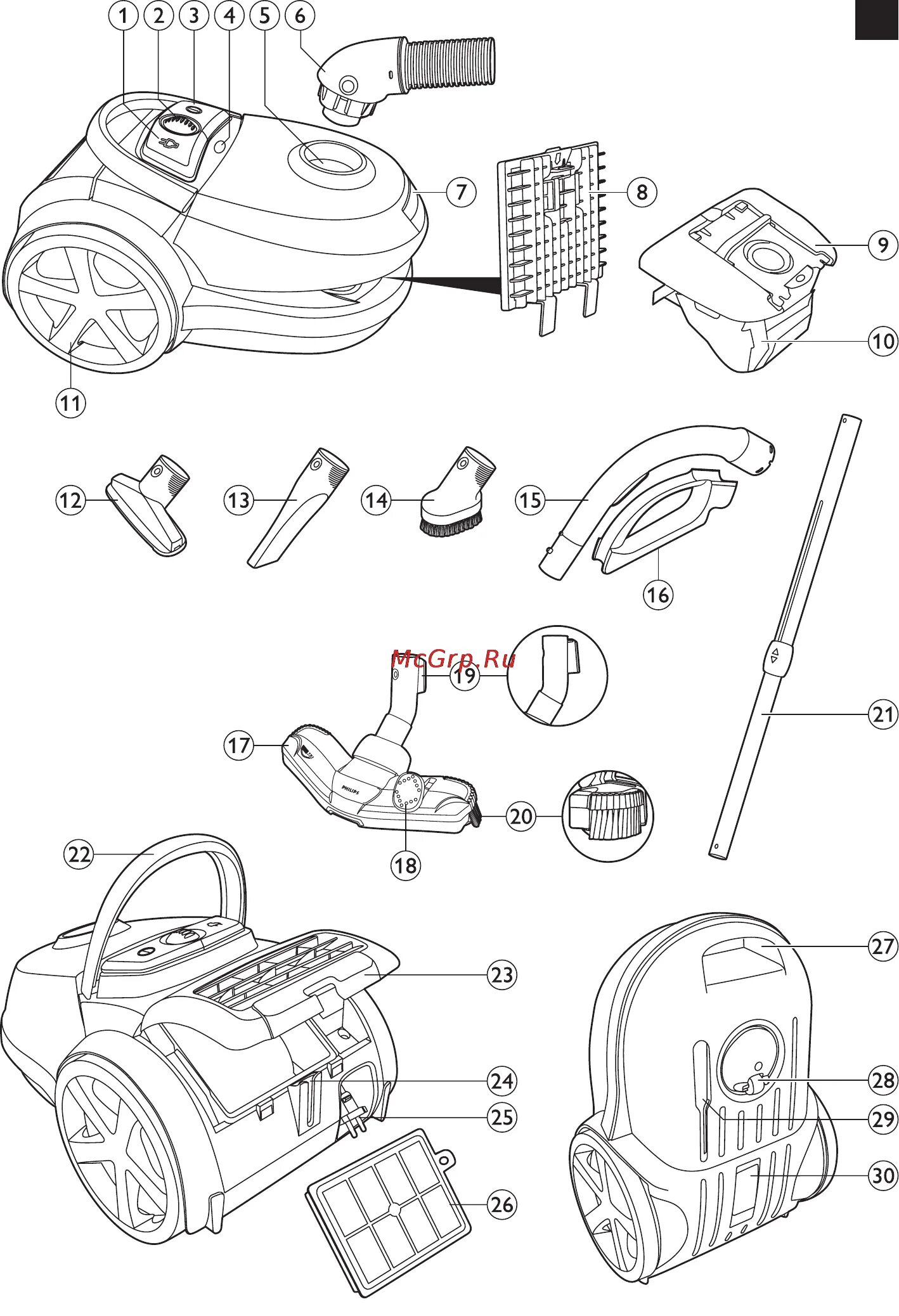 Порядок сборки пылесоса Philips FC9152 Инструкция по эксплуатации онлайн 3/100 70270