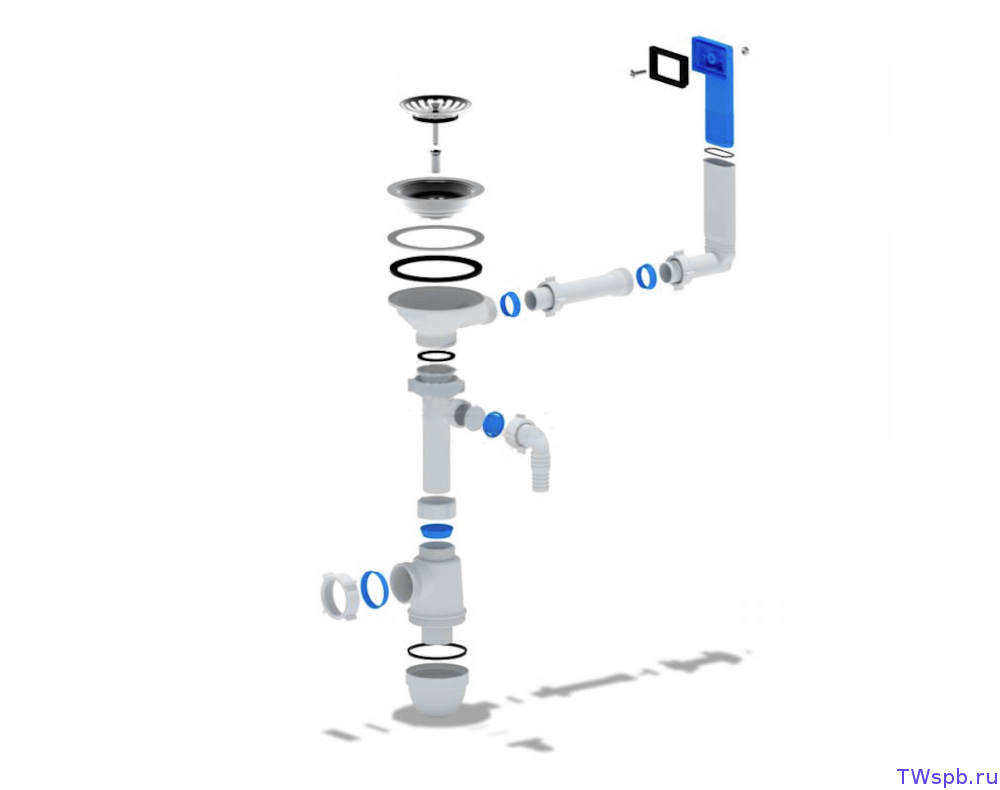 Порядок сборки сифона C0147 Сифон с переливом и отводом для стиральной машины - T-WAY
