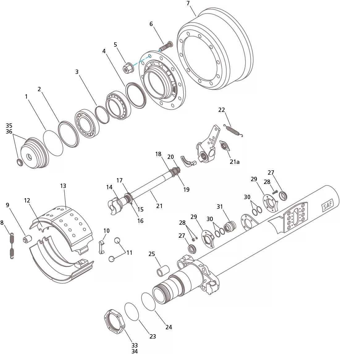 Порядок сборки тормозных валов SAF SK RZ 9042 & 11242 Axles 420mm x 180mm Brake