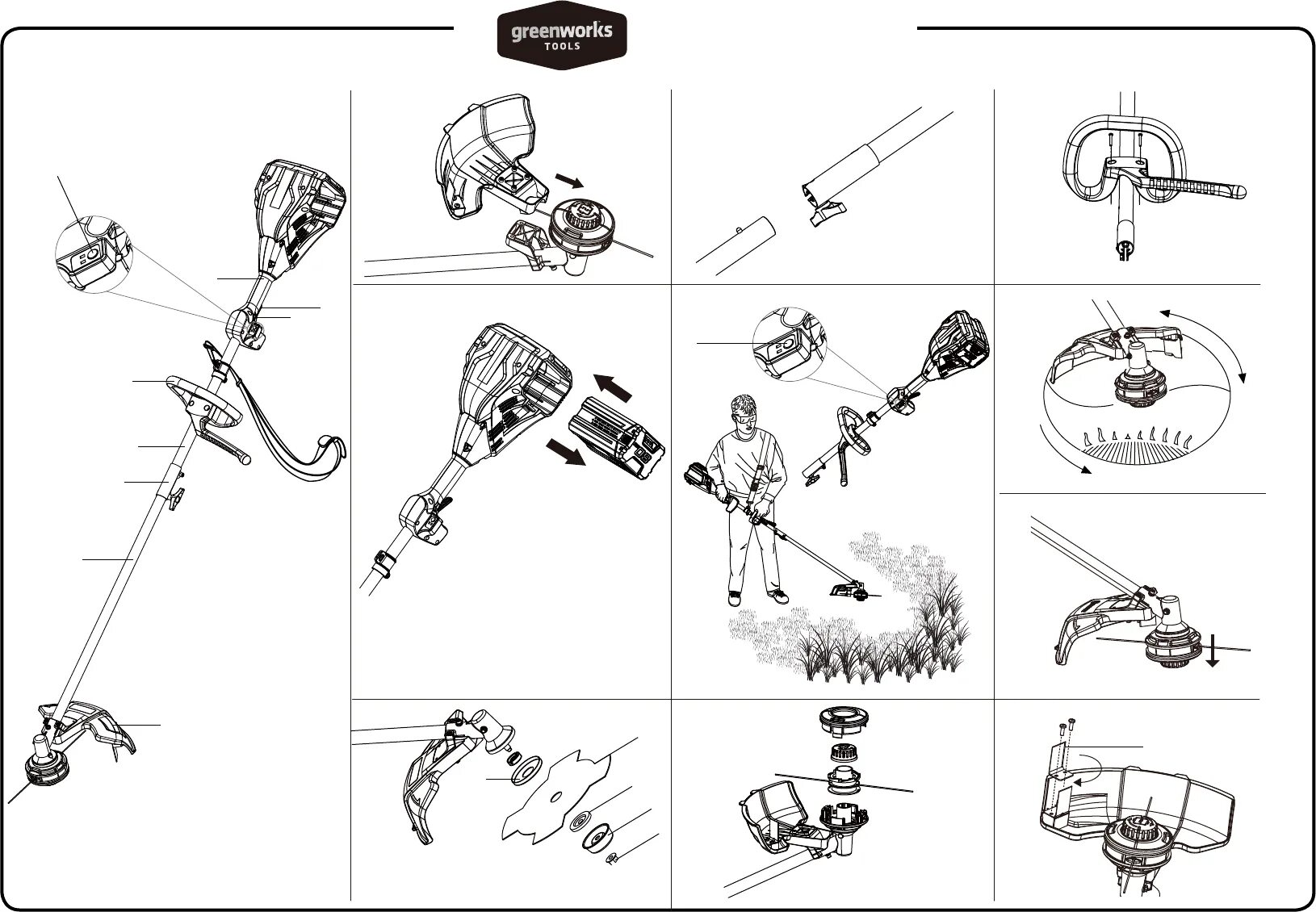 Порядок сборки триммера Manual Greenworks 2100607 - 80V Pro (page 123 of 279) (All languages)