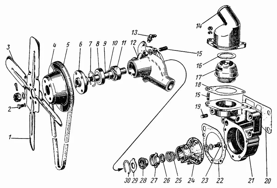 Порядок сборки водяного насоса волга газ 21 Водяной насос ГАЗ-21 (Чертеж № 60: список деталей, стоимость запчастей). Каталог