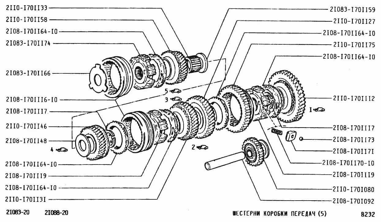 Порядок сборки вторичного вала кпп ваз 2114 Шестерни коробки передач (5) ВАЗ-2108 (Чертеж № 120: список деталей, стоимость з