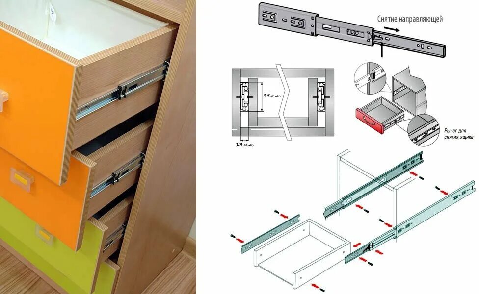Порядок сборки ящика Шариковые направляющие для ящиков 400 мм Н 35 мм полного выдвижения без доводчик