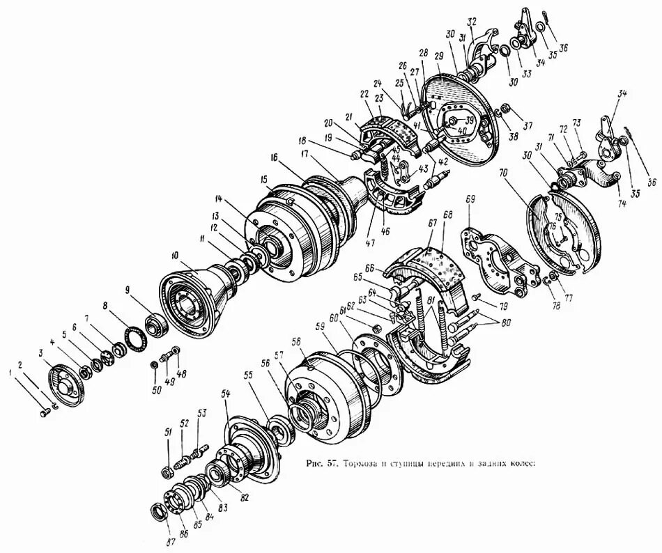 Порядок сборки заднего тормозного вала зил 130 Тормоза и ступицы передних и задних колес ЗИЛ-133ГЯ (Чертеж № 68: список деталей