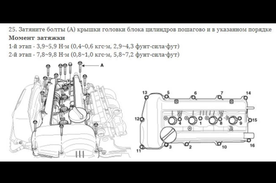 Порядок затяжки болтов Замена прокладки клапанной крышки - KIA Ceed SW (1G), 1,6 л, 2009 года запчасти 