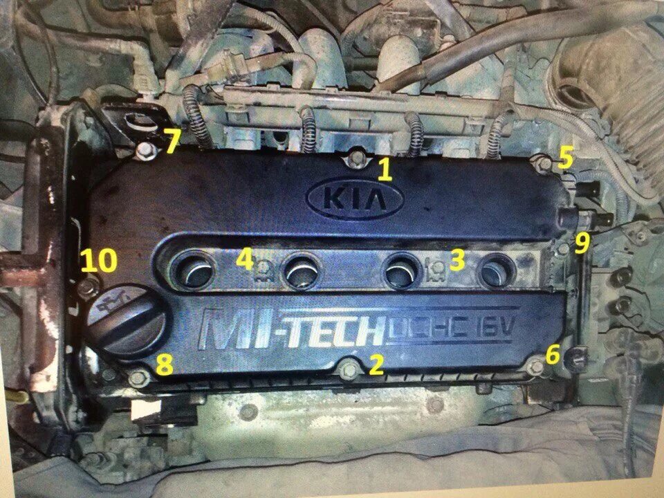 Порядок затяжки болтов клапанной крышки киа спектра Замена прокладки клапанной крышки \ Замена свечей \ Мойка ДВС - KIA Spectra, 1,6