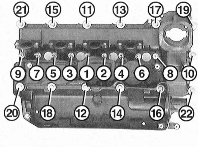 Порядок затяжки болтов клапанной крышки м57 БМВ Е46. Снятие и установка головки цилиндров / замена уплотнительной прокладки.