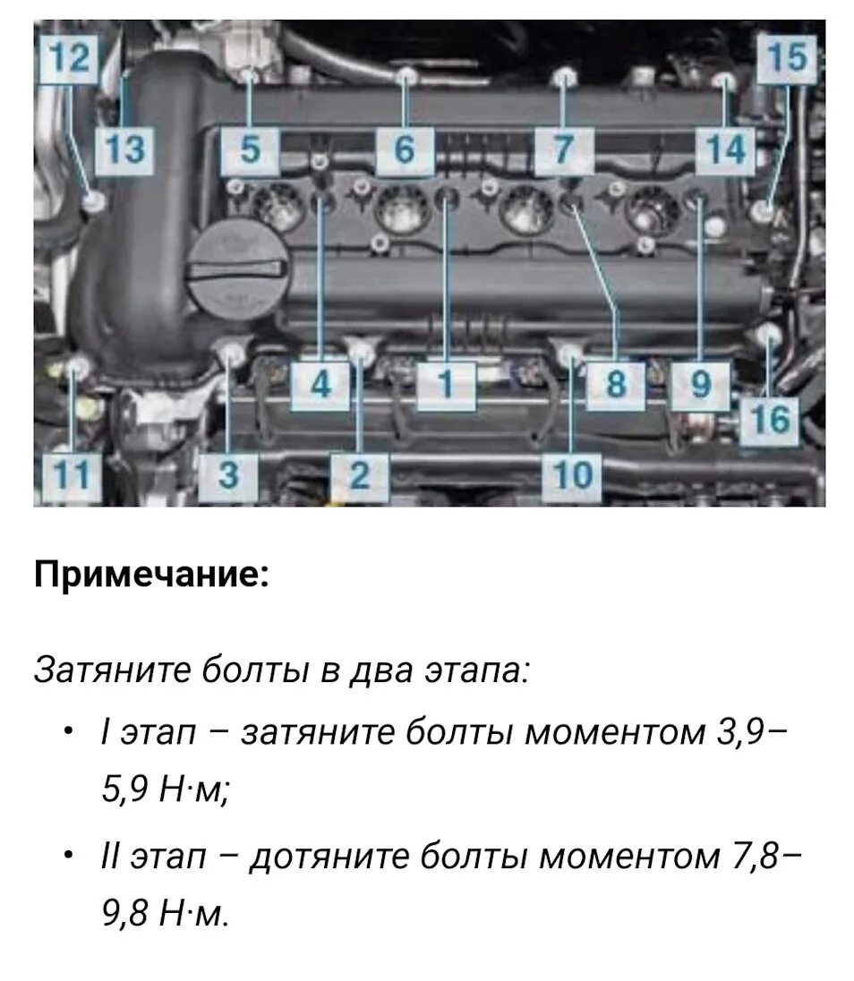 Порядок затяжки болтов клапанной крышки солярис 1.6 Замена прокладки клапанной крышки - Hyundai Solaris, 1,6 л, 2011 года своими рук