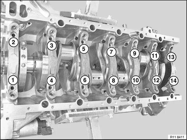 Порядок затяжки болтов коренных вкладышей 11 21 500 Replacing crankshaft (N74)