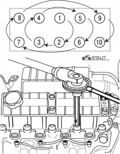 Порядок затяжки головки ховера 3 Cylinder head gasket - removal and installation (Mitsubishi Carisma, 1995-2004) 