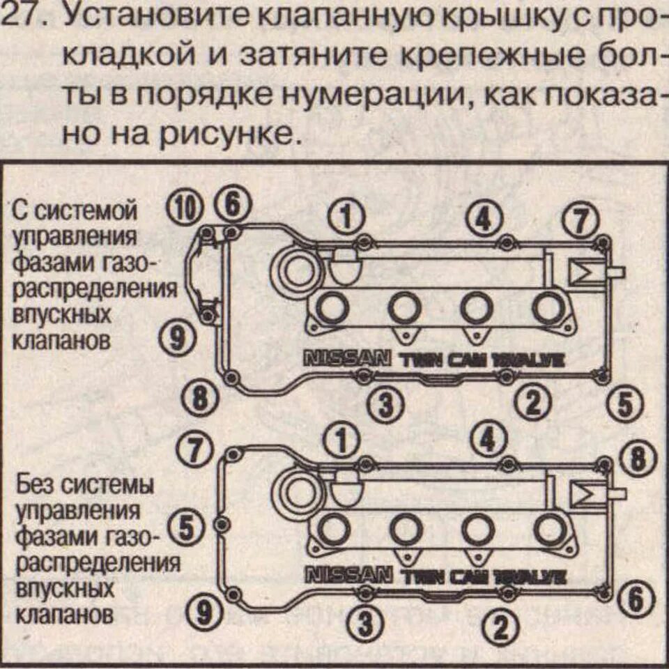 Порядок затяжки клапанной крышки классика Замена прокладки клапанной крышки - Nissan Primera Wagon (W11), 1,8 л, 1999 года