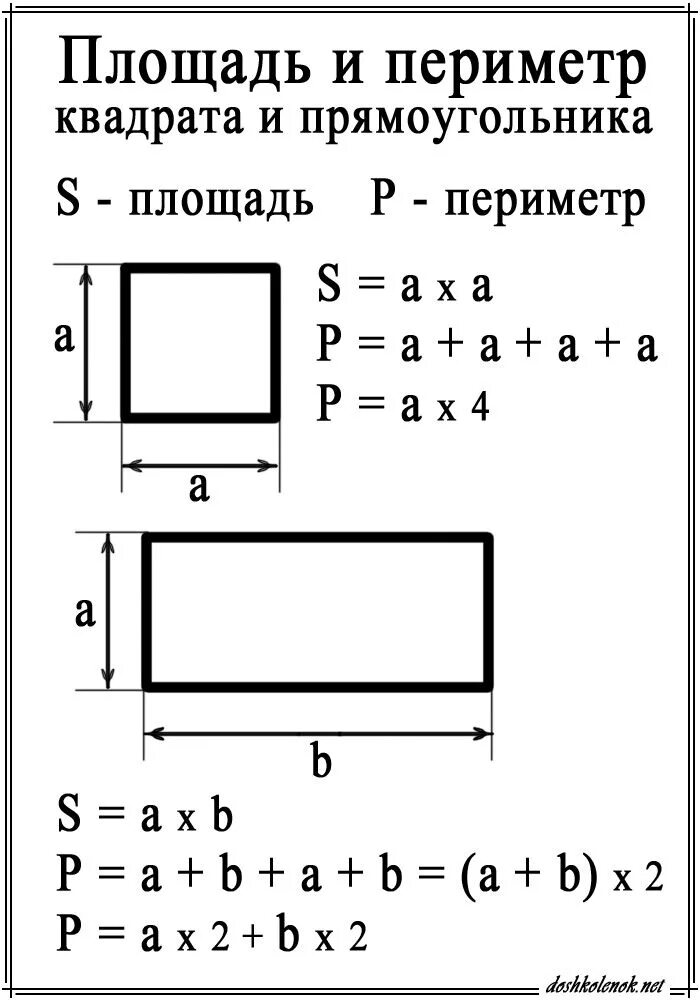 Посчитать площадь по фото Площадь и периметр у квадрата или прямоугольника Математические словари, Уроки м