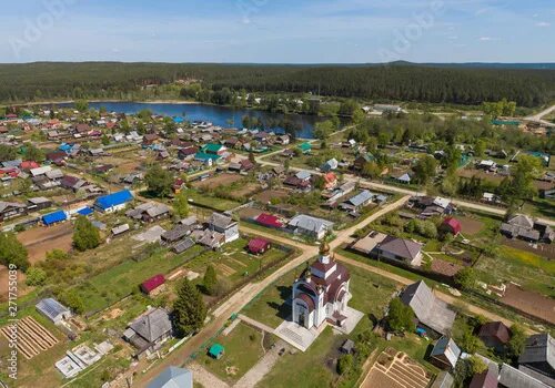 Поселок каменка фото Church in Kamenka village surrounded by forest, Sunny day, summer, Aerial - Buy 