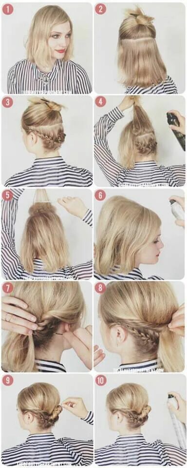 Пошагово легкие прически на короткие волосы Short hair tutorial. Kort hår updo, Hårlængder, Medium hår