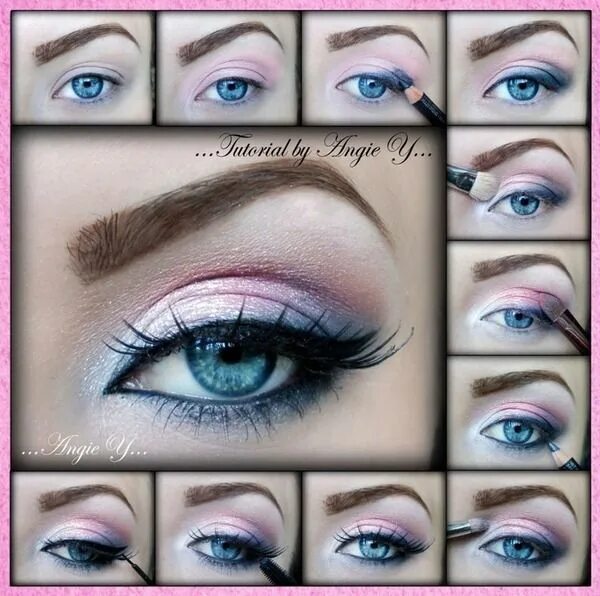 Пошаговое фото макияжа для голубых глаз Pink Tutorial Pink eye makeup, Eye makeup, Spring makeup