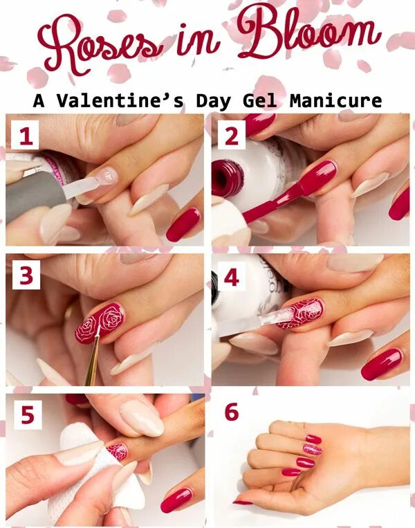 Пошаговое фото маникюра гель лаком Rose Nail Art Tutorial for Valentine's Day