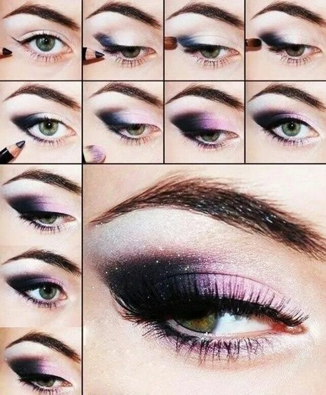 Пошаговое фото вечернего макияжа глаз Pink and grey sparkle Purple eye makeup tutorial, Purple eye makeup, Black eye m