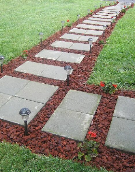 Пошаговые плиты фото Front Walkway built out of inexpensive cement pavers, red lava rocks, and solar 