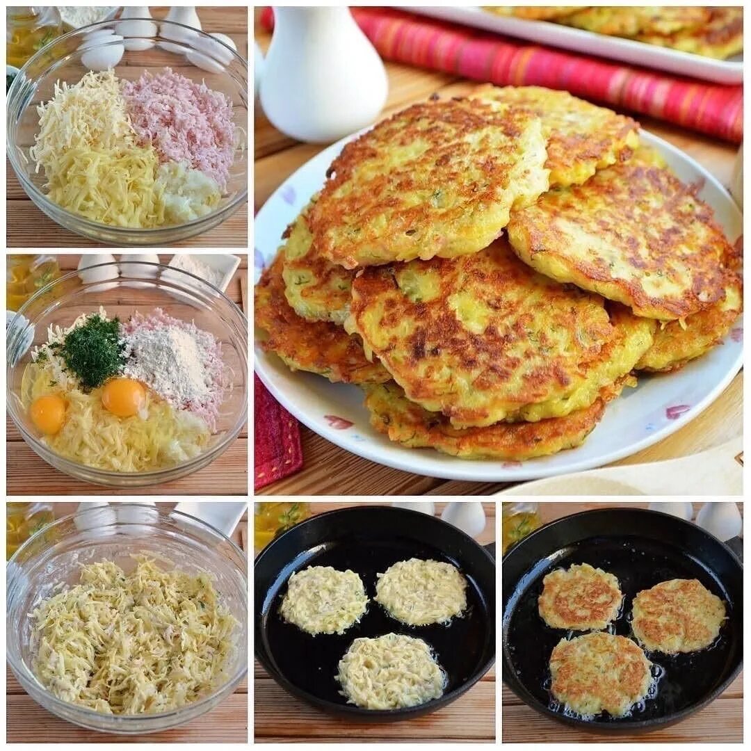 Пошаговые рецепты с фото на каждый день Дранички с ветчиной, сыром и зеленью Ингредиенты: Картофель - 6 Штук Лук - 1 Шту